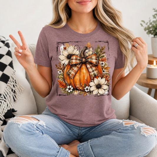 Fall Pumpkin Floral & Plaid Bow Graphic Tee
