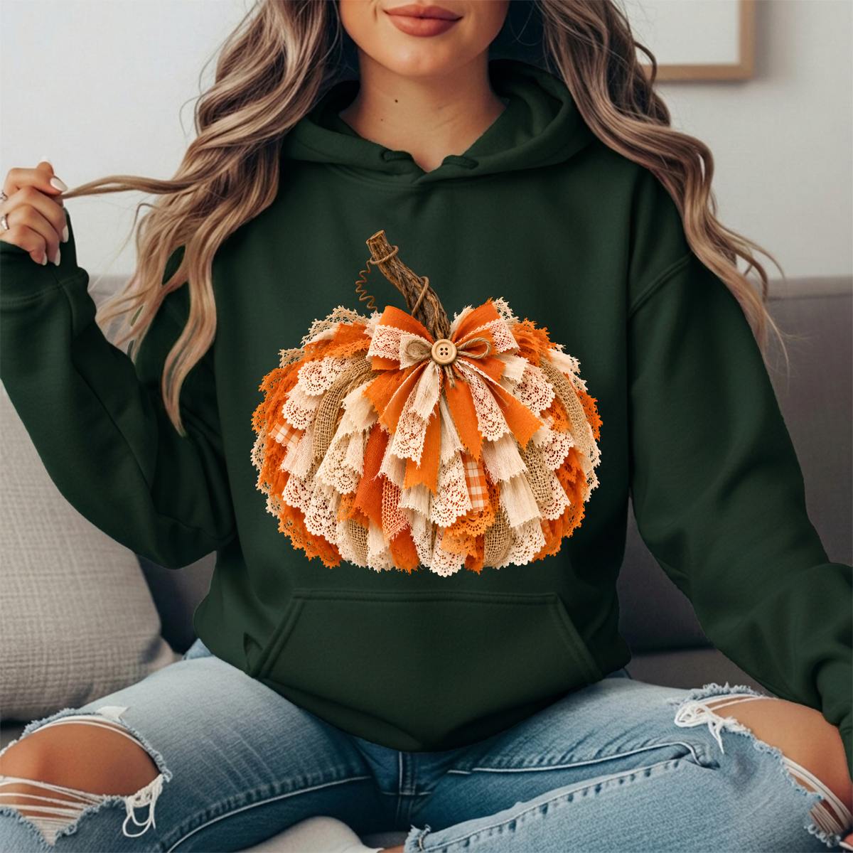 Rustic Lace & Burlap Pumpkin Graphic Hoodie