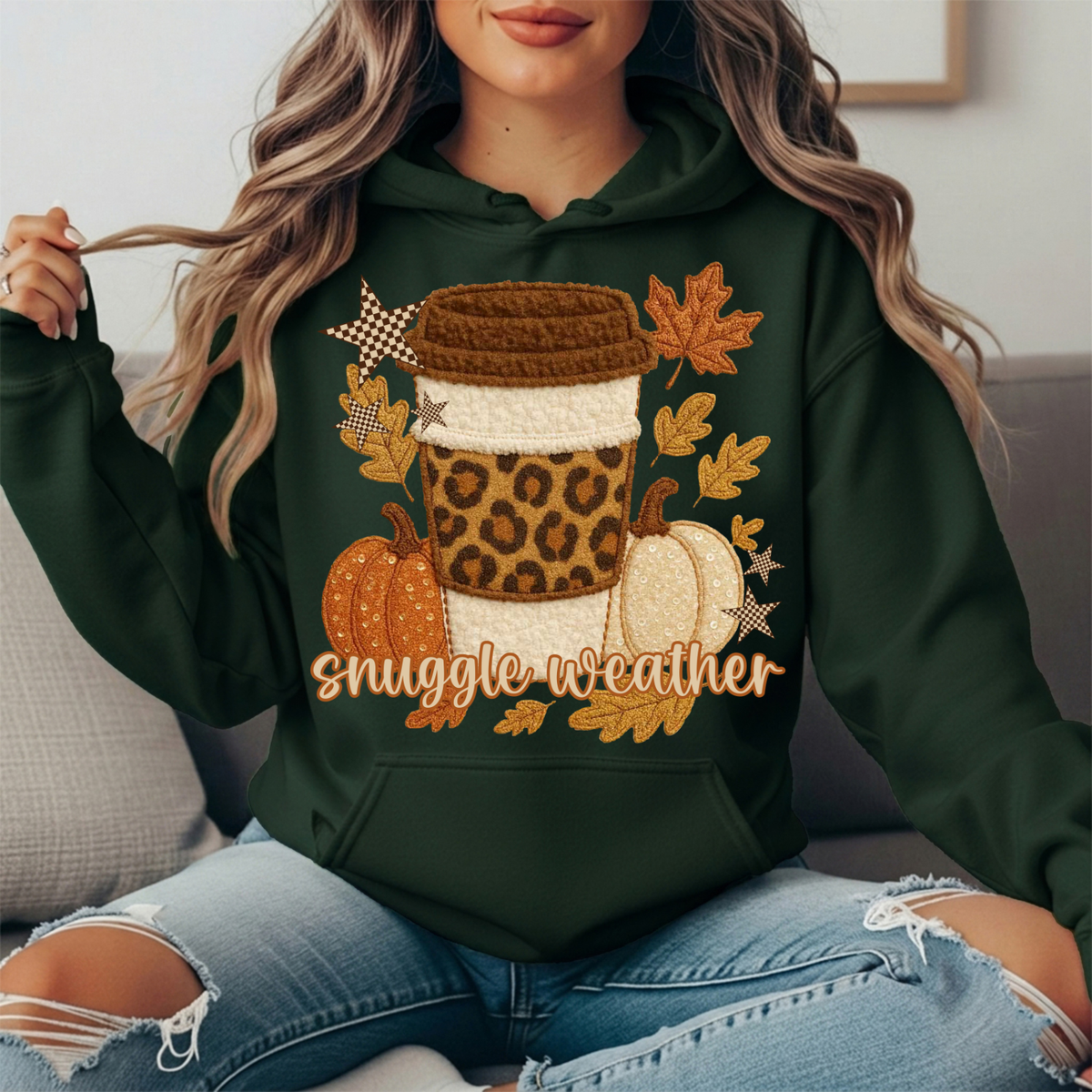 Snuggle Weather Faux Embroidery Coffee Hoodie Sweatshirt