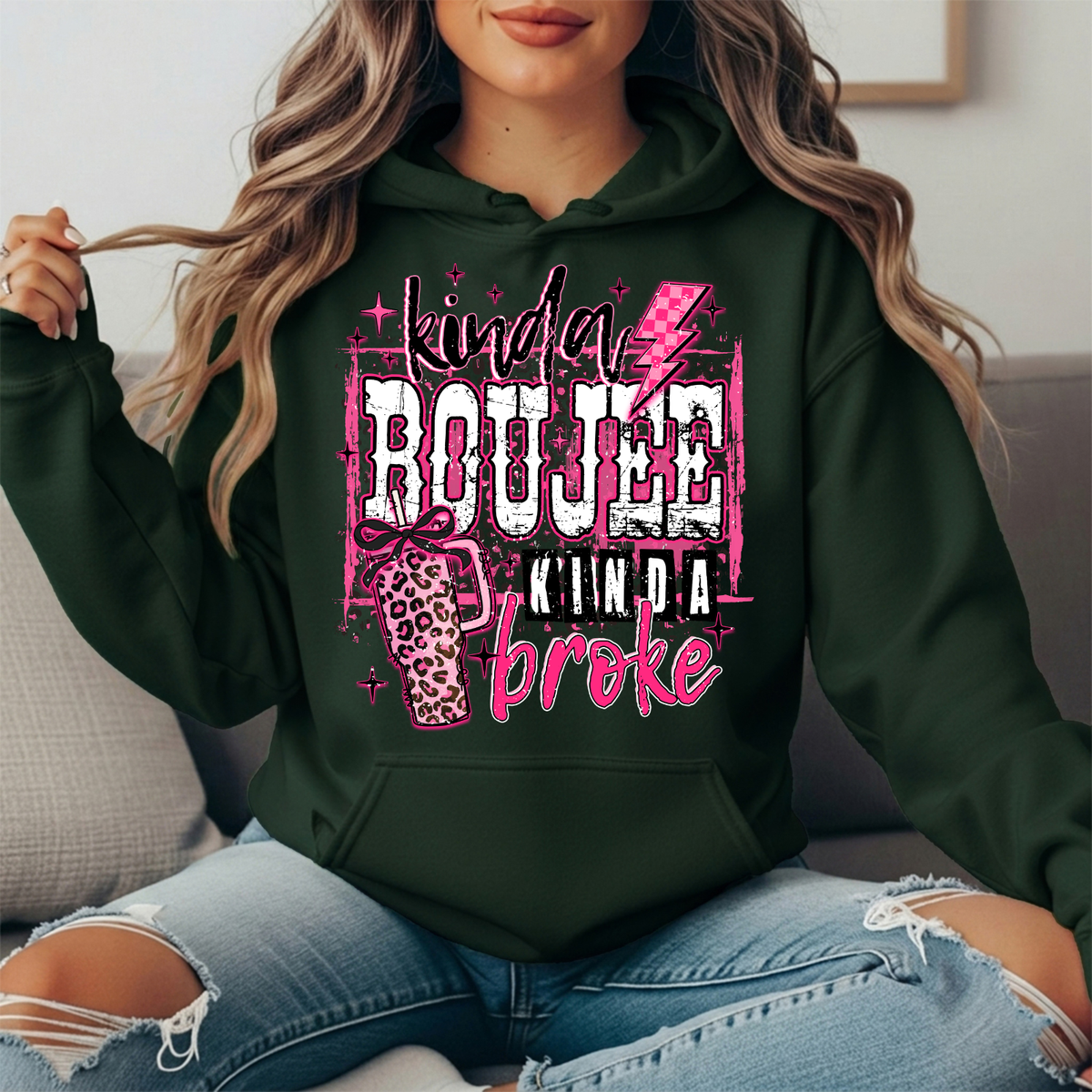 Kinda Boujee Kinda Broke Pink Leopard Graphic Hoodie