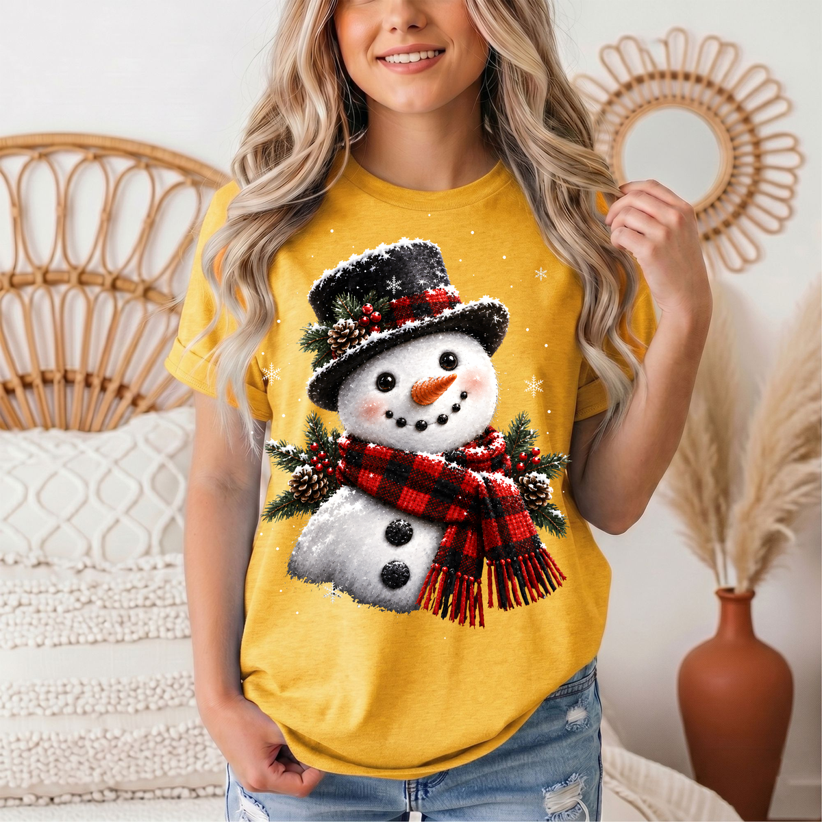 Snowman Buffalo Plaid Scarf Christmas Graphic Tee