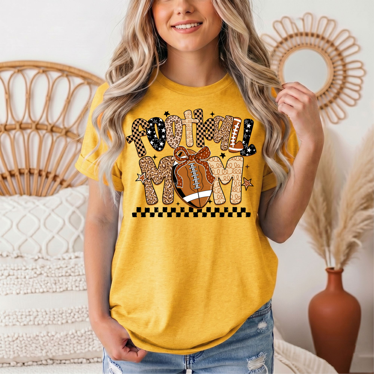 Football Mom Mixed Print Bow & Checkerboard Graphic Tee