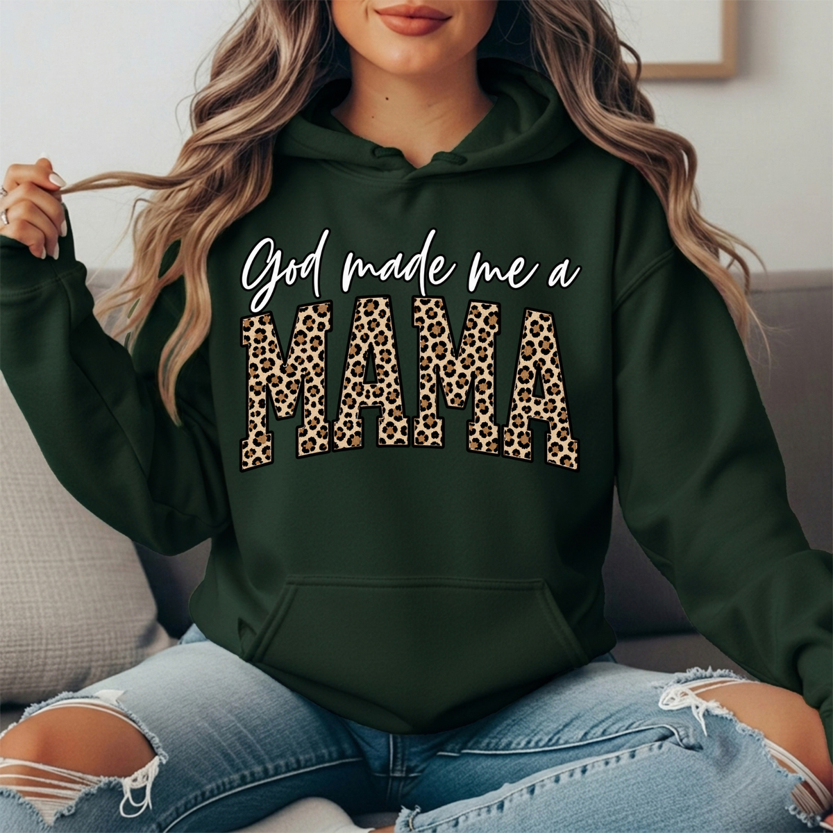 God Made Me a Mama Leopard Print Graphic Hoodie