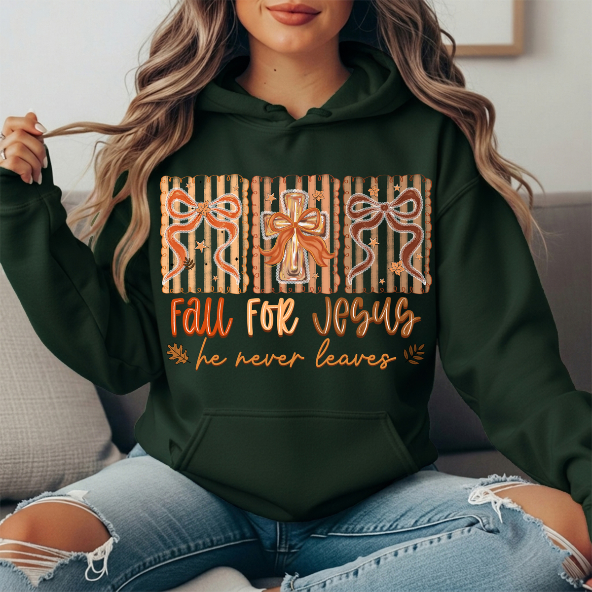 Fall for Jesus He Never Leaves Bow Cross Graphic Hoodie