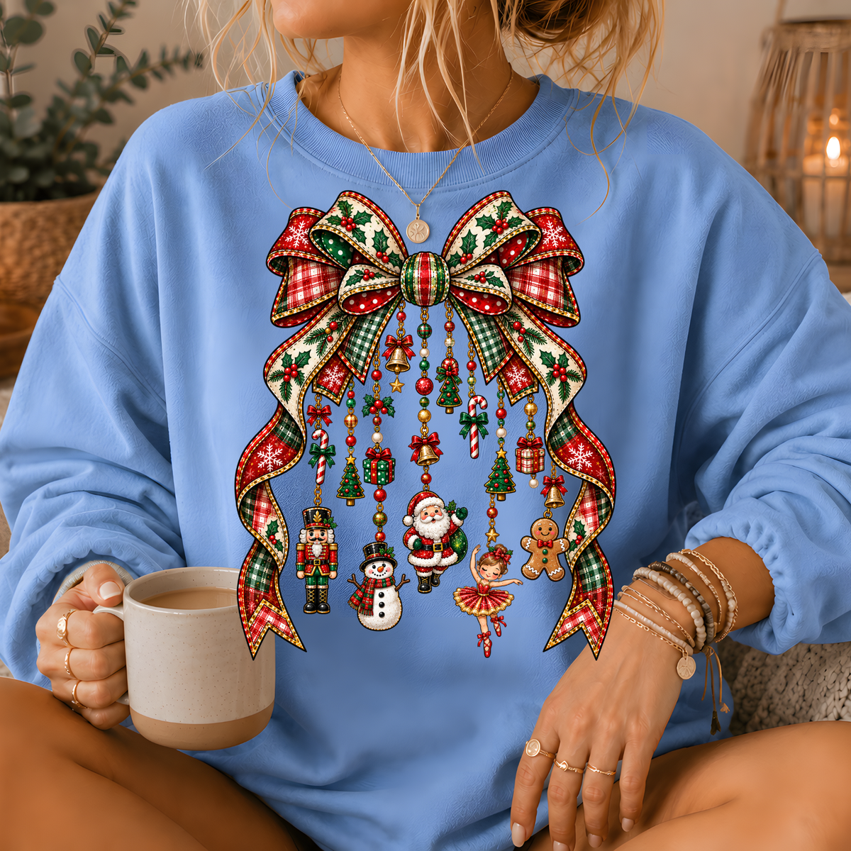 Christmas Plaid Bow Holiday Charms Crewneck Sweatshirt