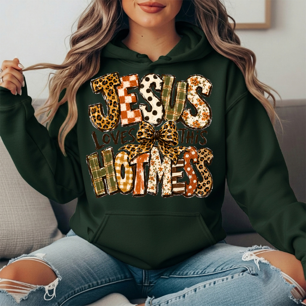 Jesus Loves This Hot Mess Leopard Bow Graphic Hoodie
