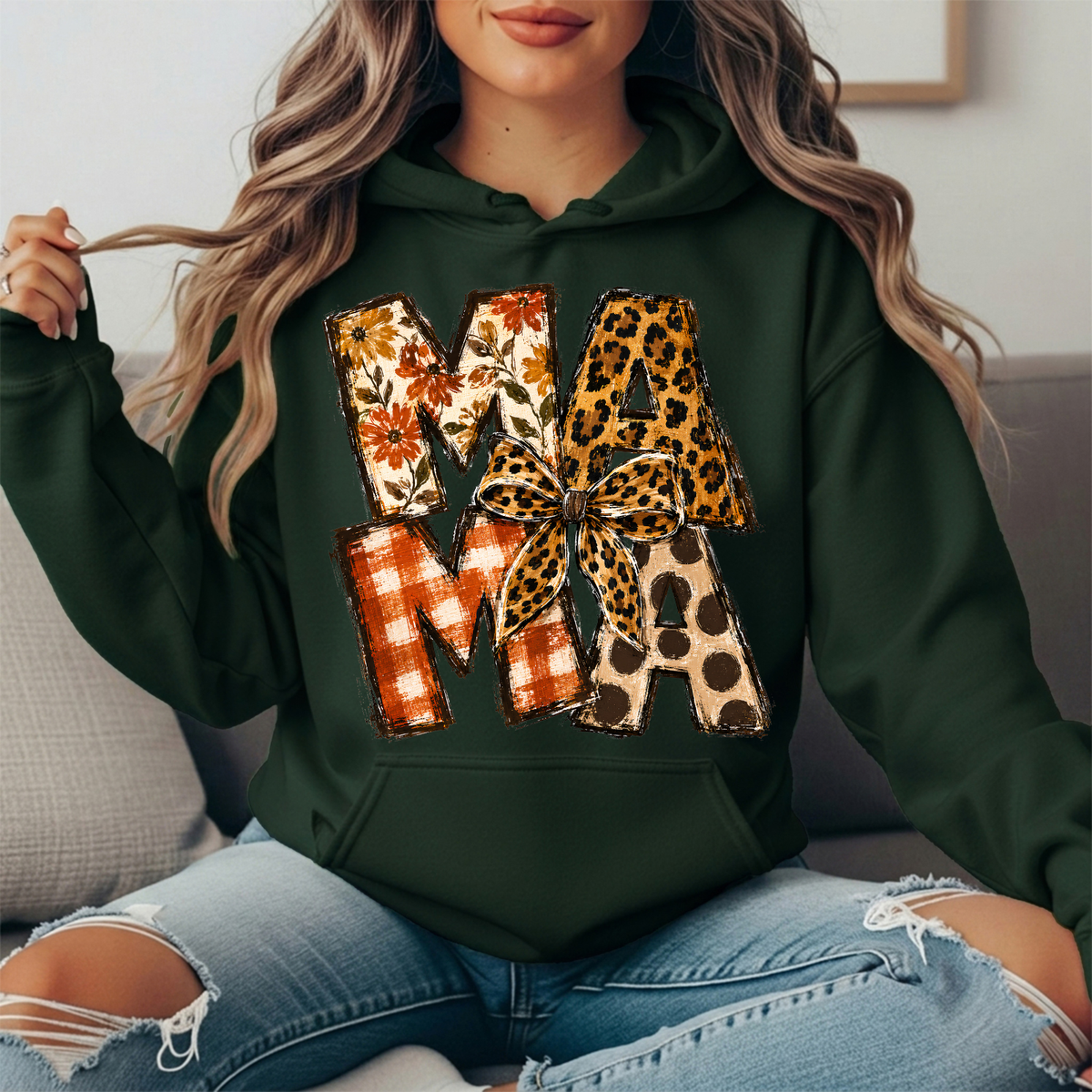 Mama Fall Patchwork & Leopard Bow Graphic Hoodie