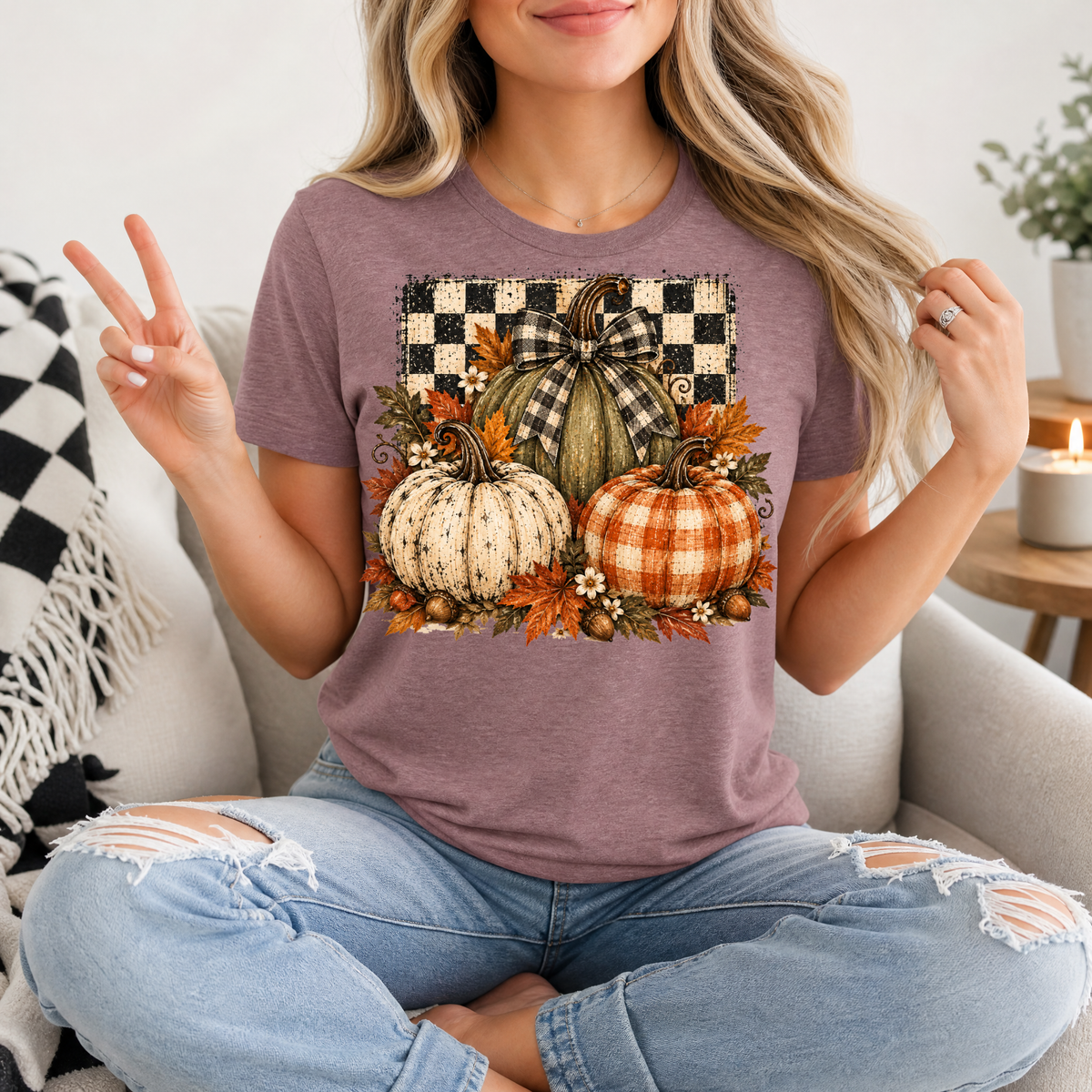 Rustic Fall Pumpkin Trio & Gingham Bow Graphic Tee