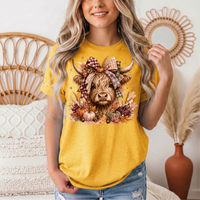 Fall Highland Cow Bow & Pumpkins Graphic Tee