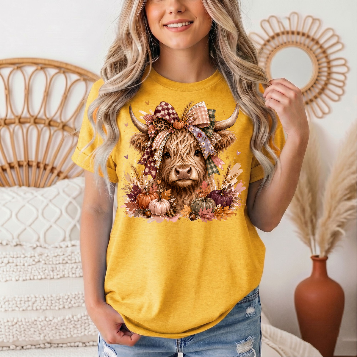 Fall Highland Cow Bow & Pumpkins Graphic Tee
