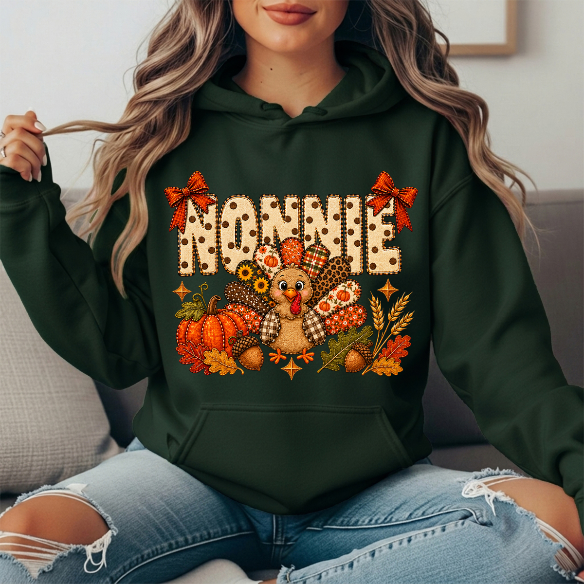 Nonnie Thanksgiving Patchwork Turkey Bow Graphic Hoodie