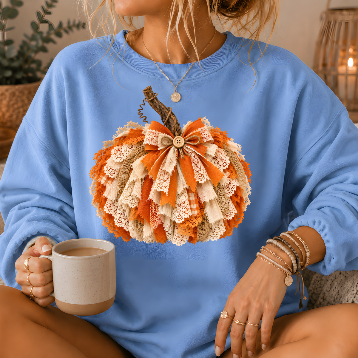 Rustic Lace & Burlap Pumpkin Graphic Crewneck Sweatshirt