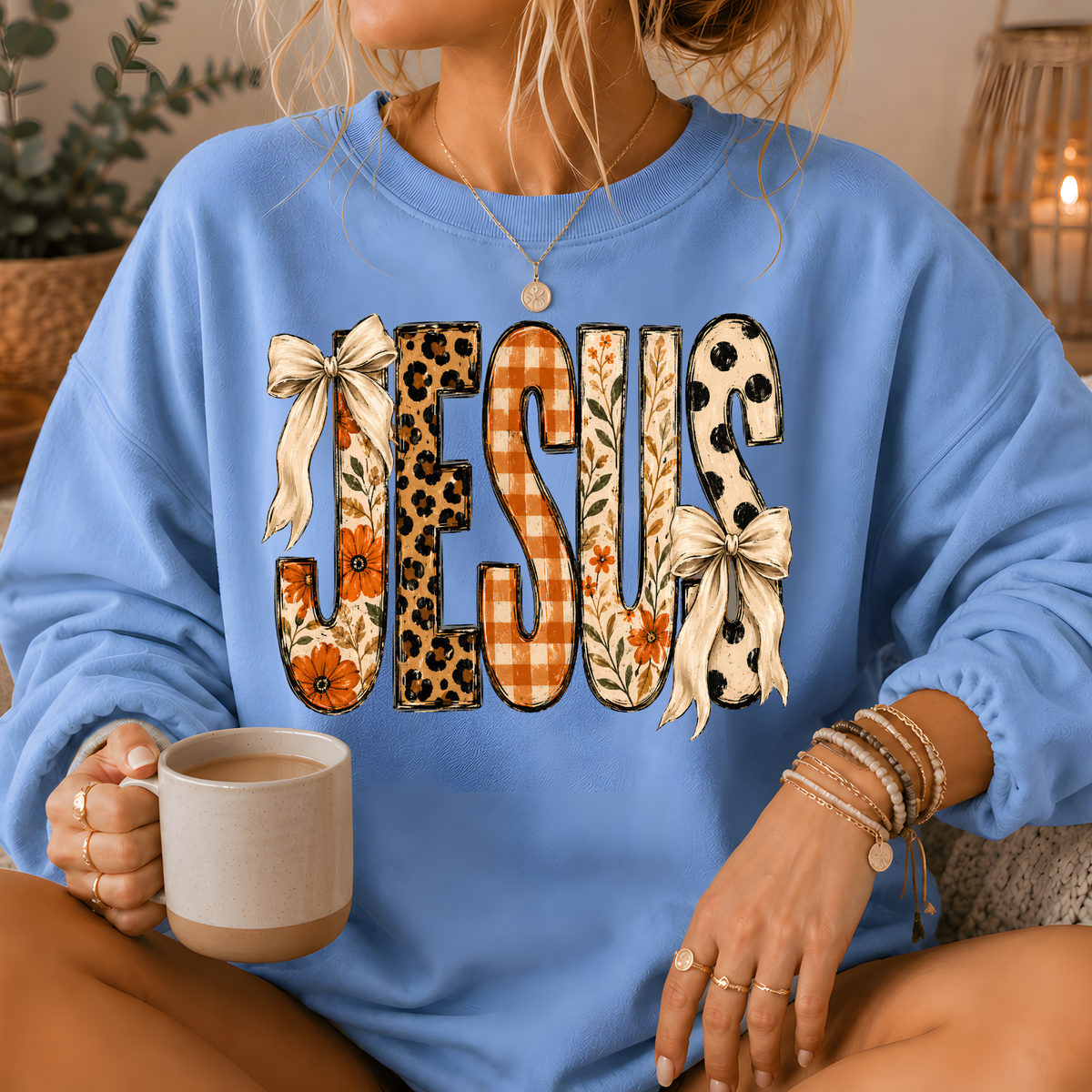Jesus Mixed Print Bow Crewneck Sweatshirt