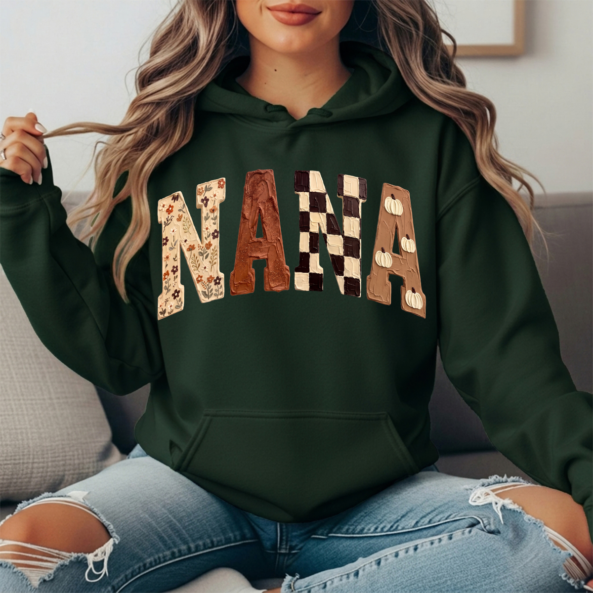 Nana Fall Floral, Checkerboard & Pumpkin Graphic Hoodie