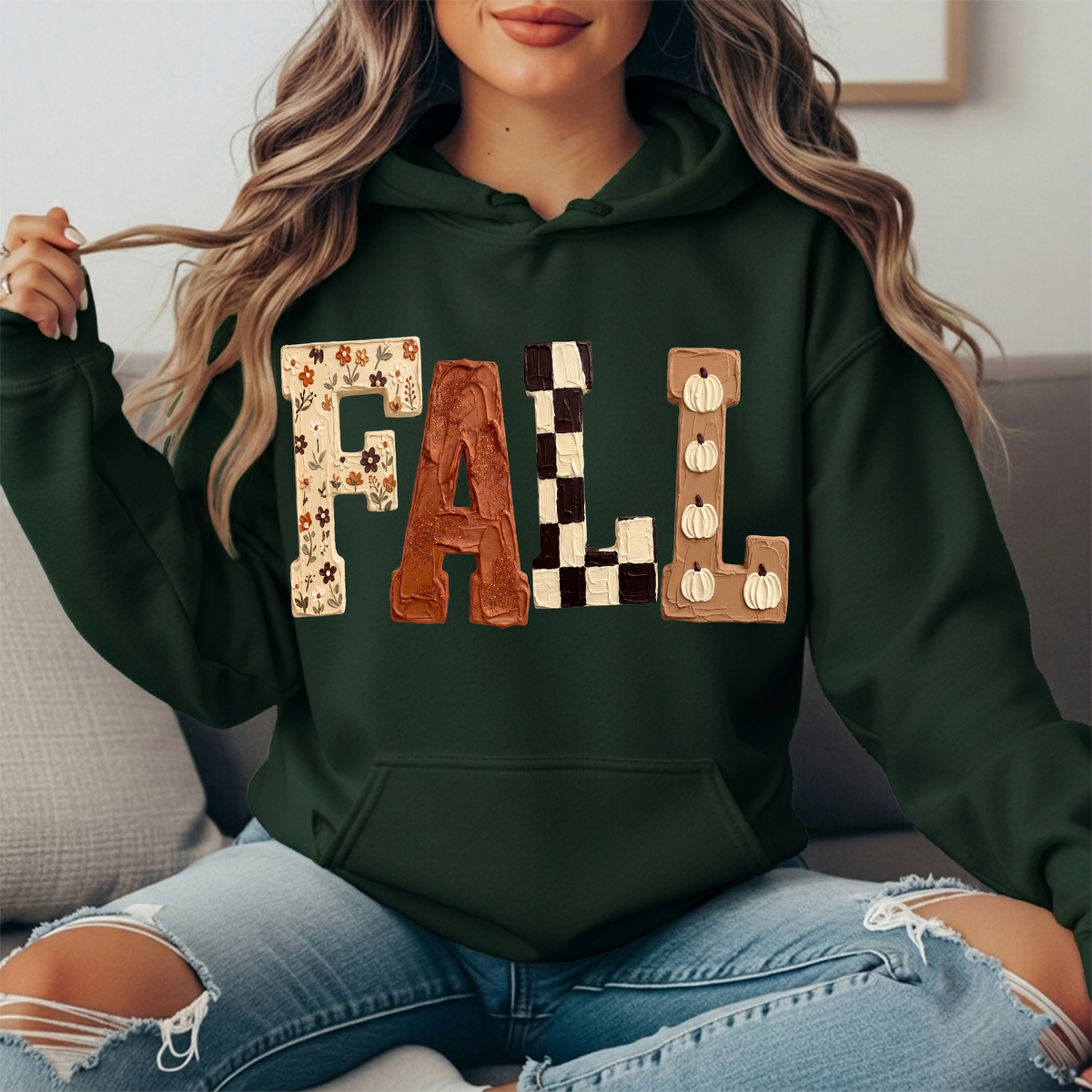 Fall Floral Checkerboard Pumpkin Lettering Graphic Hoodie