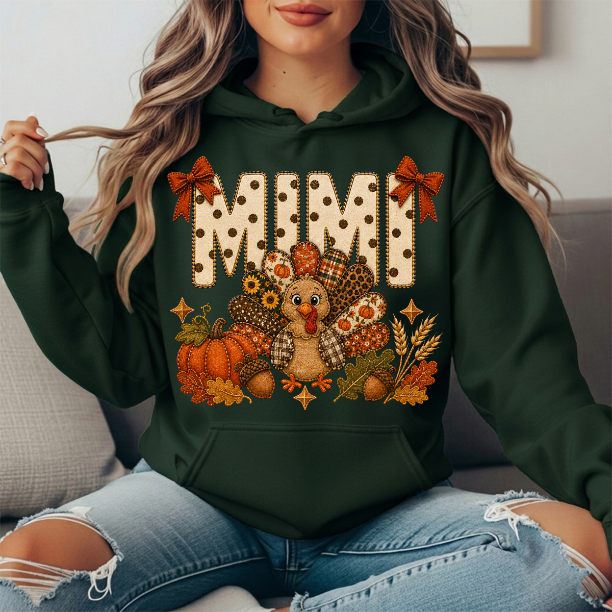 Mimi Thanksgiving Turkey & Rust Bows Graphic Hoodie