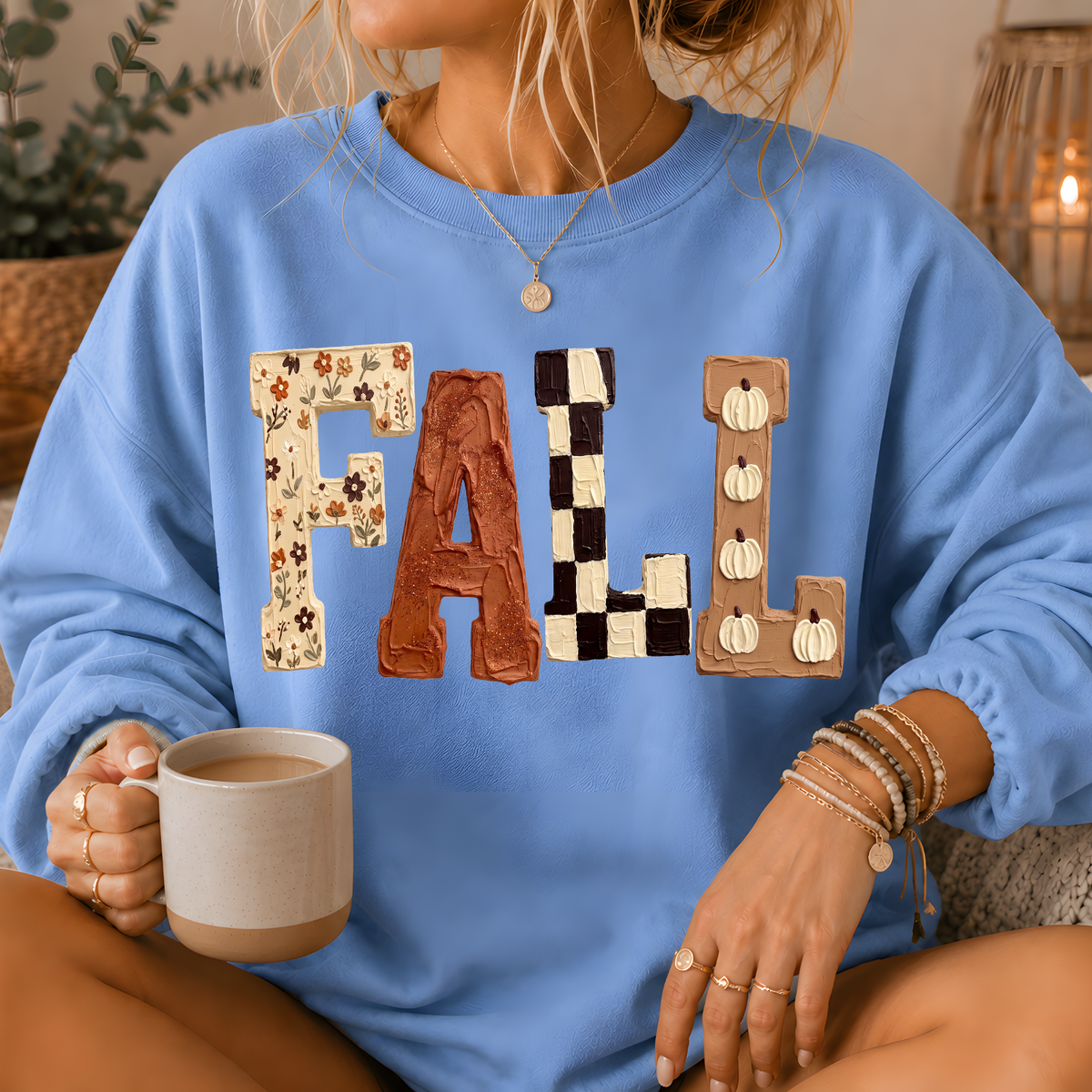 Fall Patchwork Print Crewneck Sweatshirt