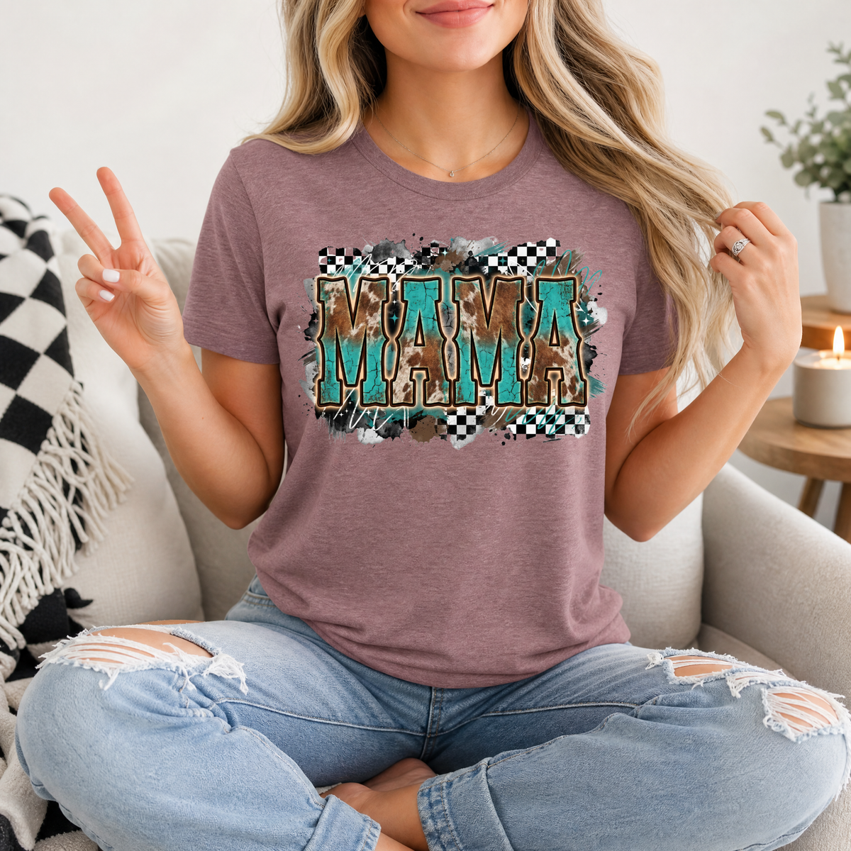 Western Mama Turquoise & Checkerboard Graphic Tee