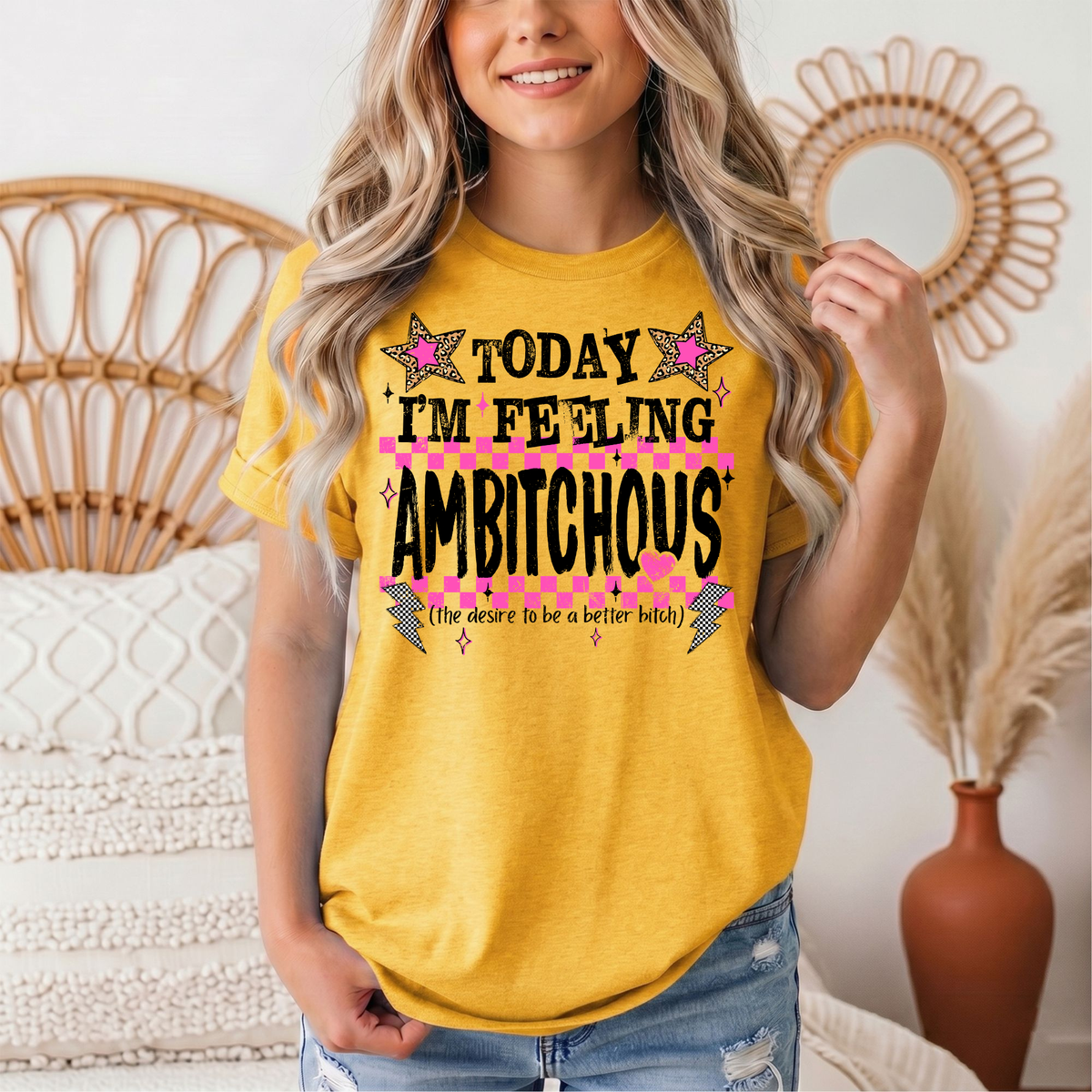Today I'm Feeling Ambitchous Pink Checkerboard Graphic Tee