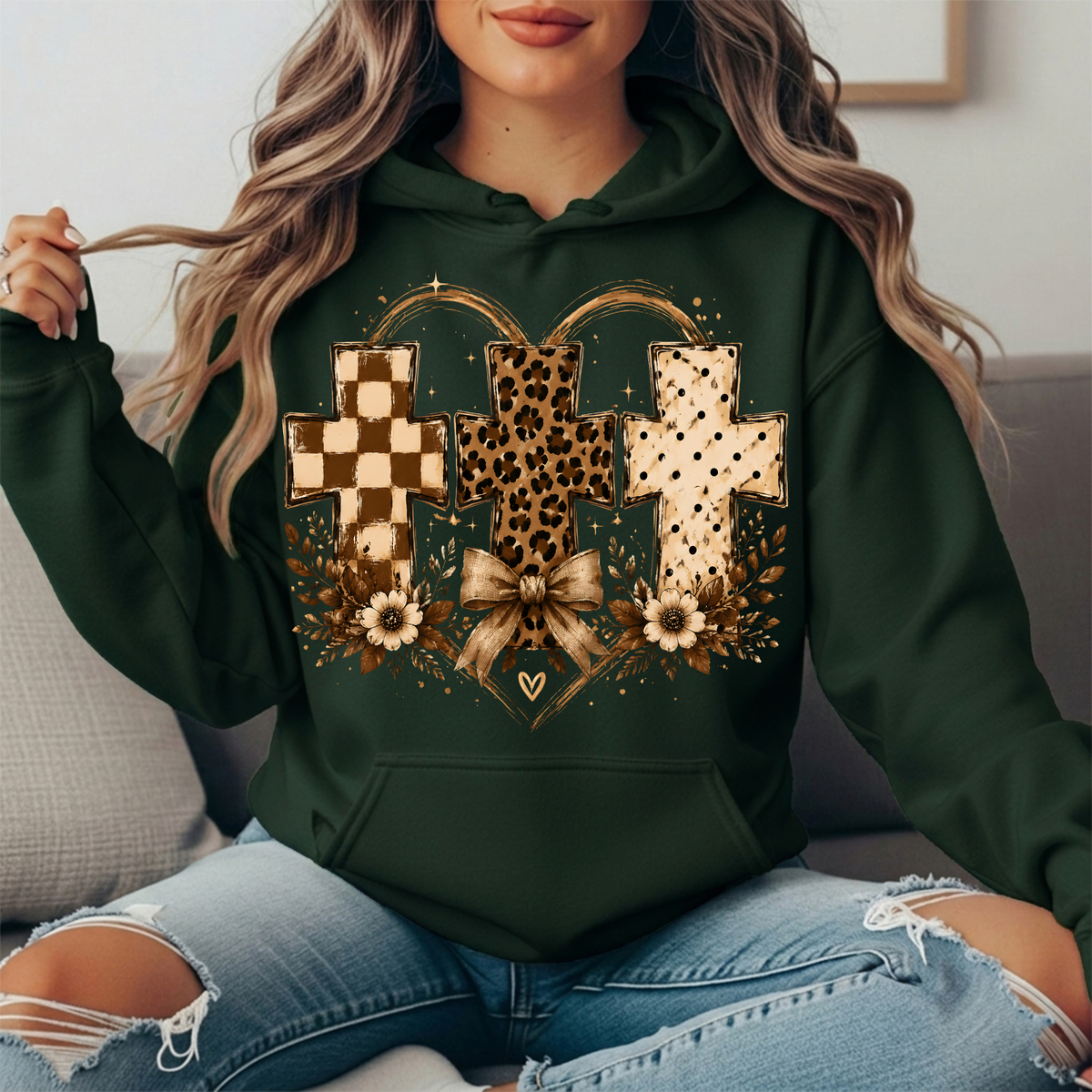 Three Crosses Leopard Floral Bow Graphic Hoodie