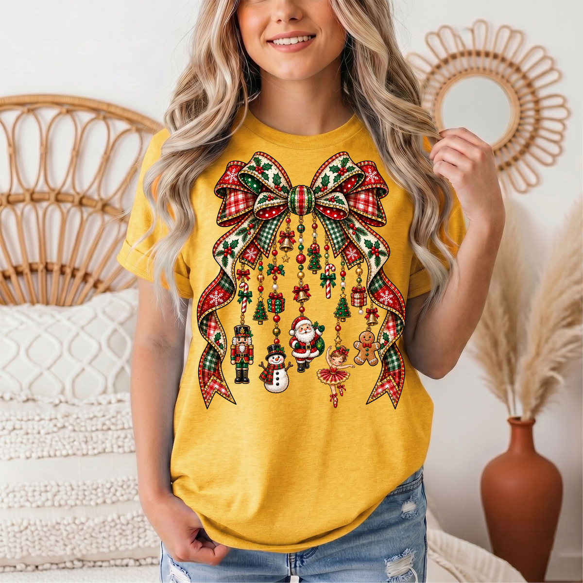 Christmas Plaid Bow & Holiday Charms Graphic Tee