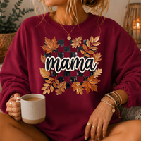 Mama Fall Leaves Checkerboard Crewneck Sweatshirt