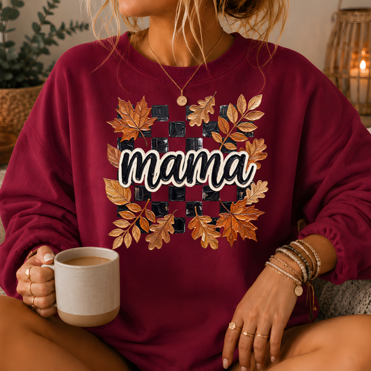 Mama Fall Leaves Checkerboard Crewneck Sweatshirt