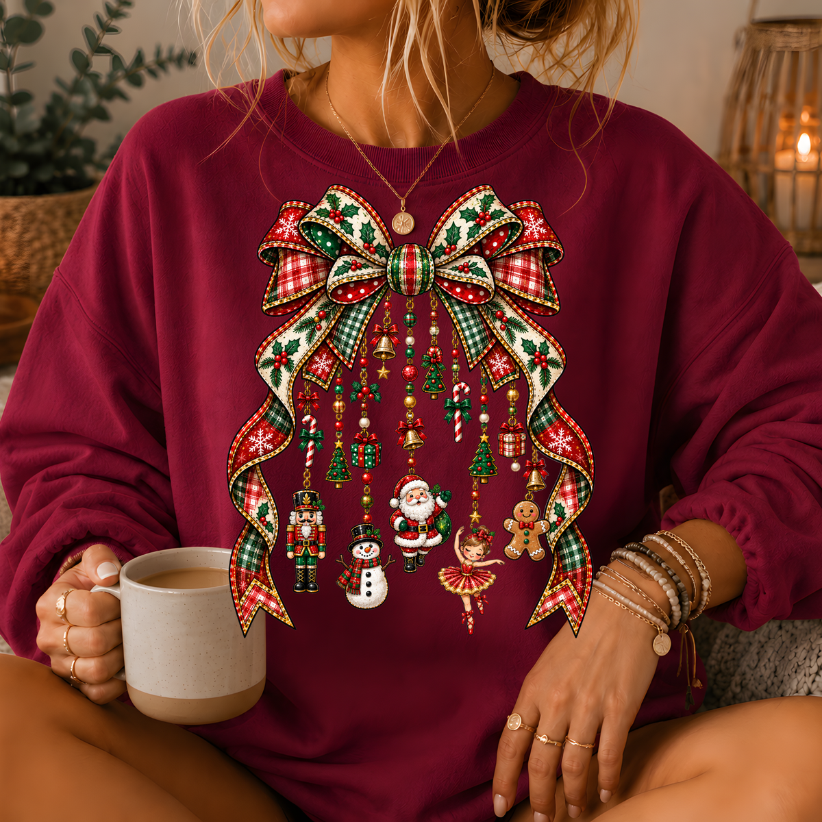 Christmas Plaid Bow Holiday Charms Crewneck Sweatshirt