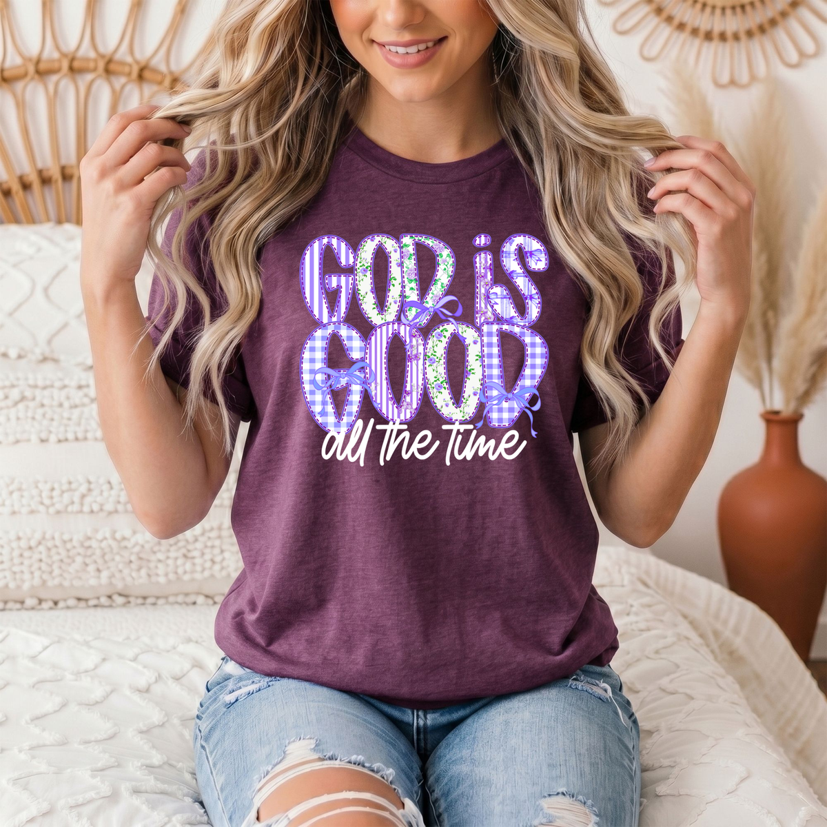 God Is Good All the Time Purple Bow Graphic Tee