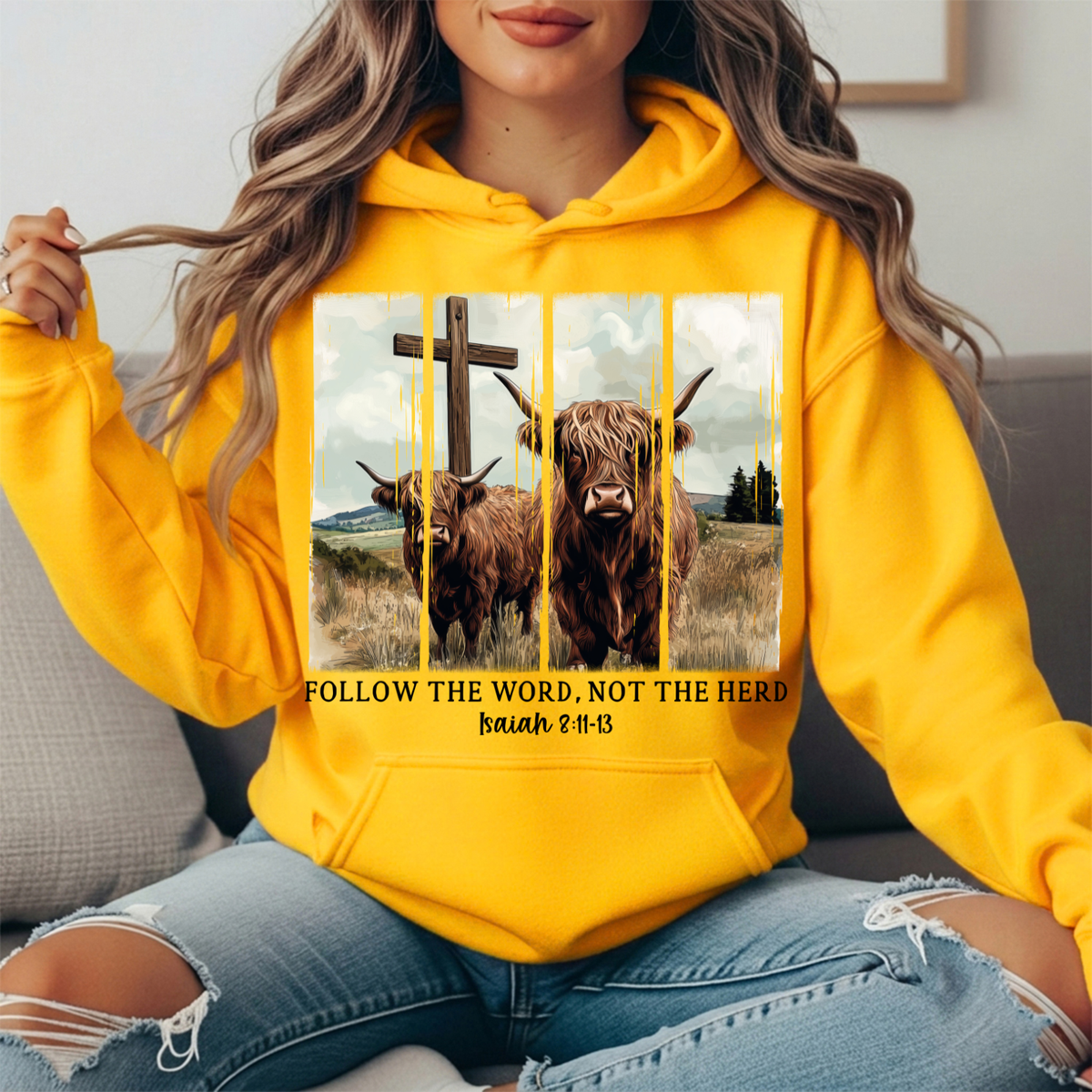 Follow the Word Not the Herd Highland Cow Graphic Hoodie