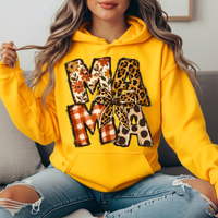 Mama Fall Patchwork & Leopard Bow Graphic Hoodie