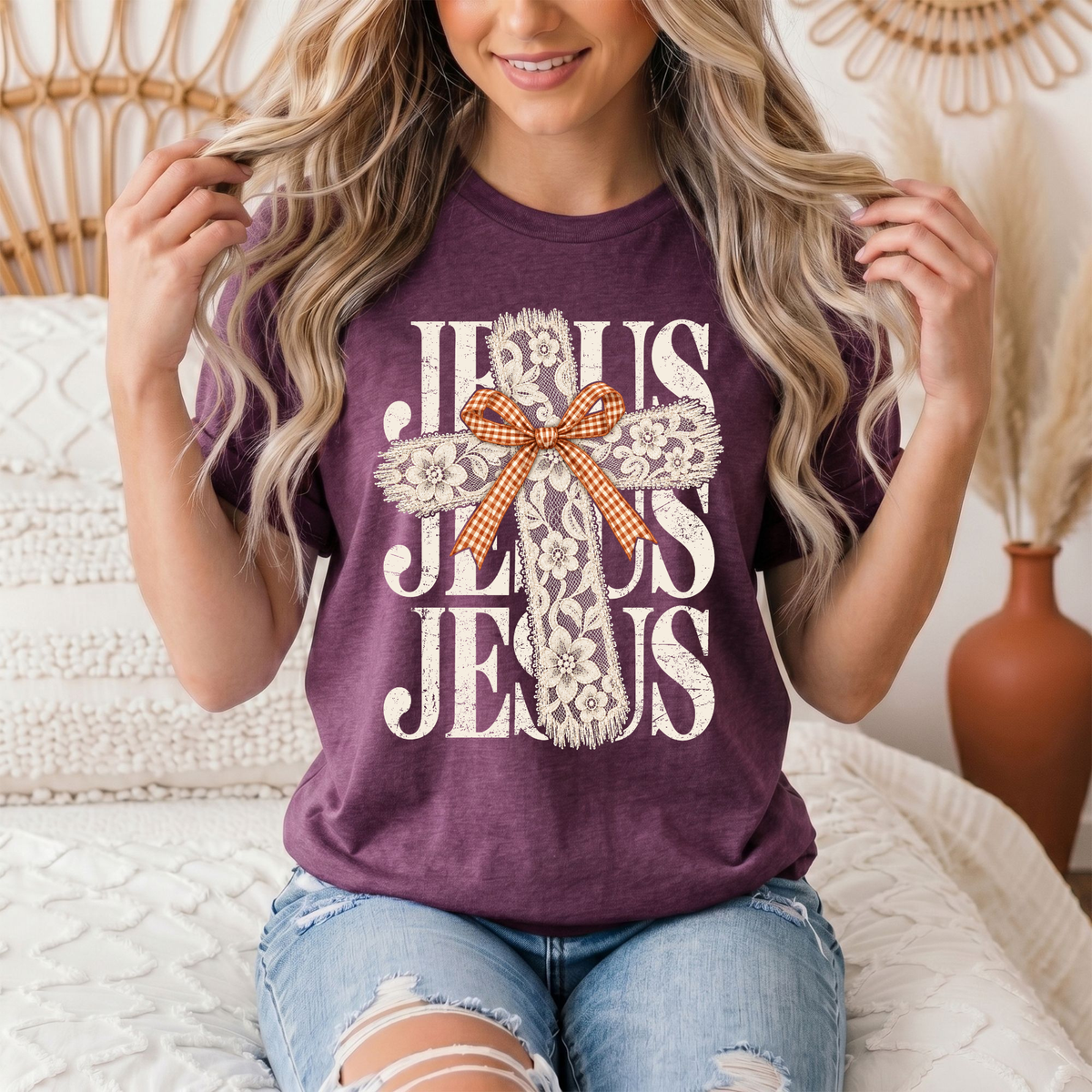 Jesus Lace Cross & Gingham Bow Christian Graphic Tee