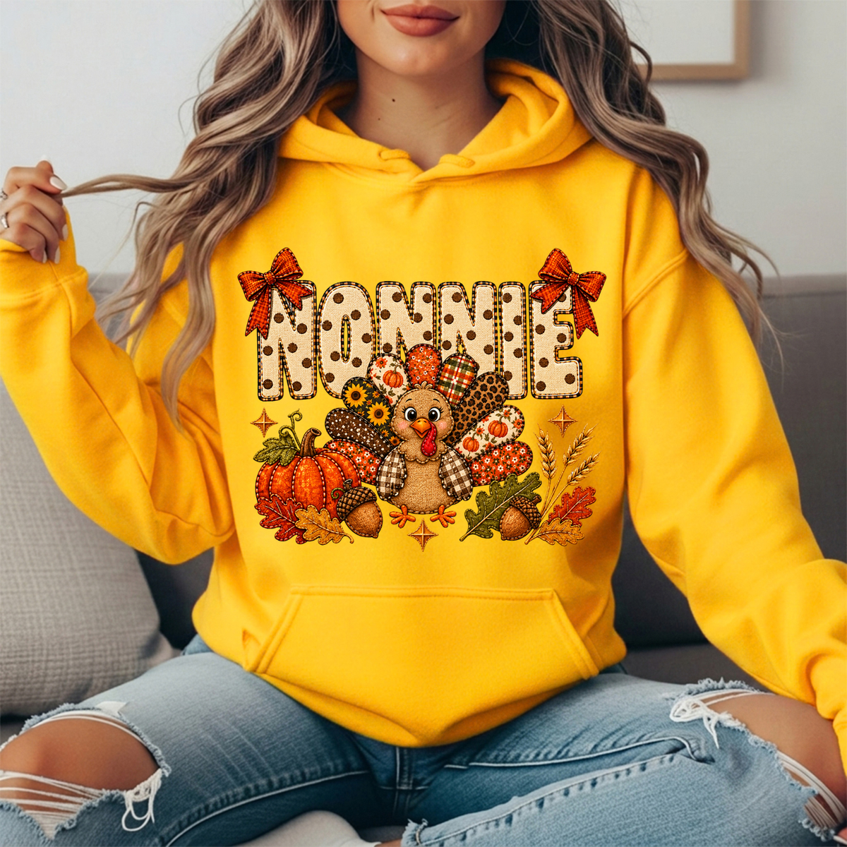 Nonnie Thanksgiving Patchwork Turkey Bow Graphic Hoodie