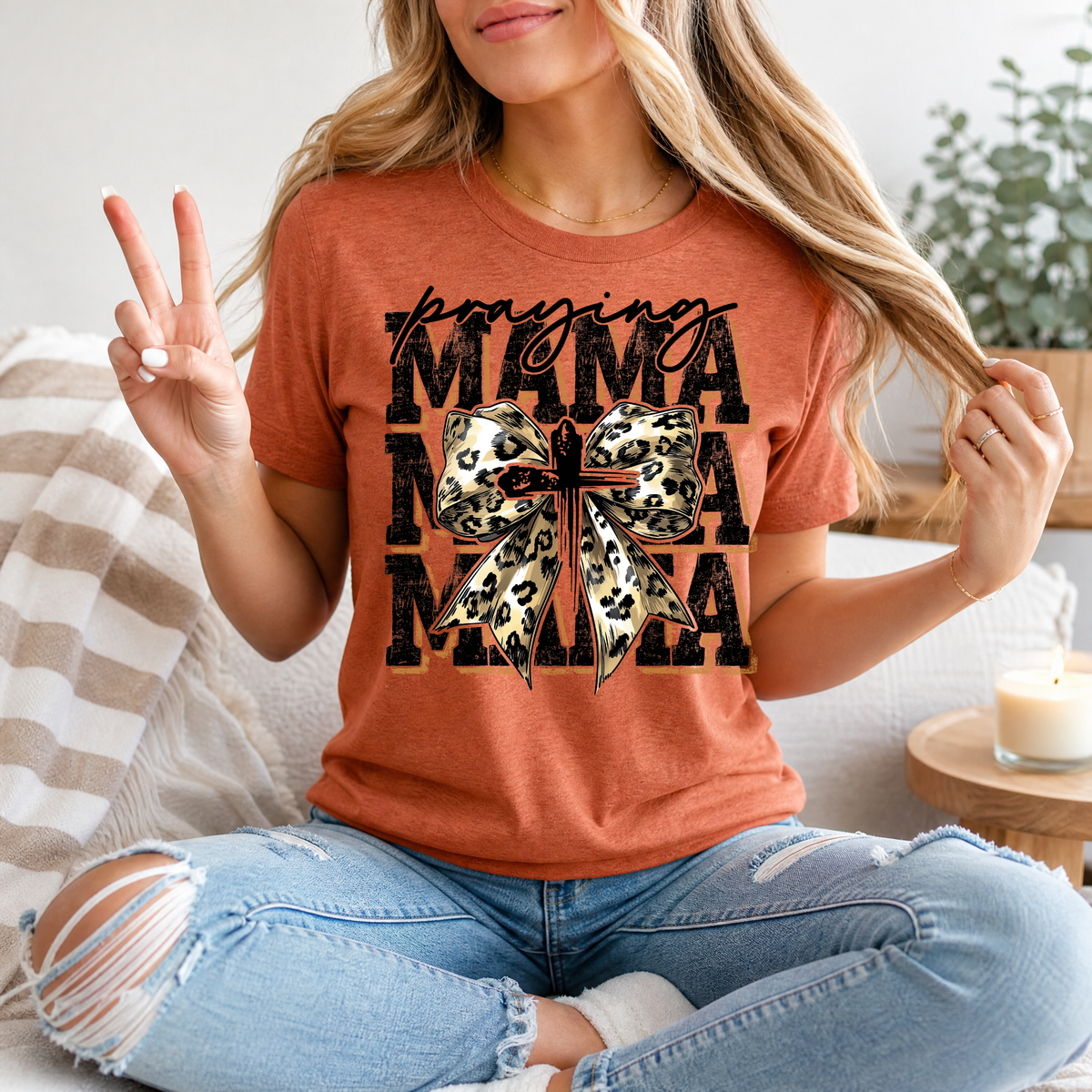 Praying Mama Leopard Bow & Cross Graphic Tee