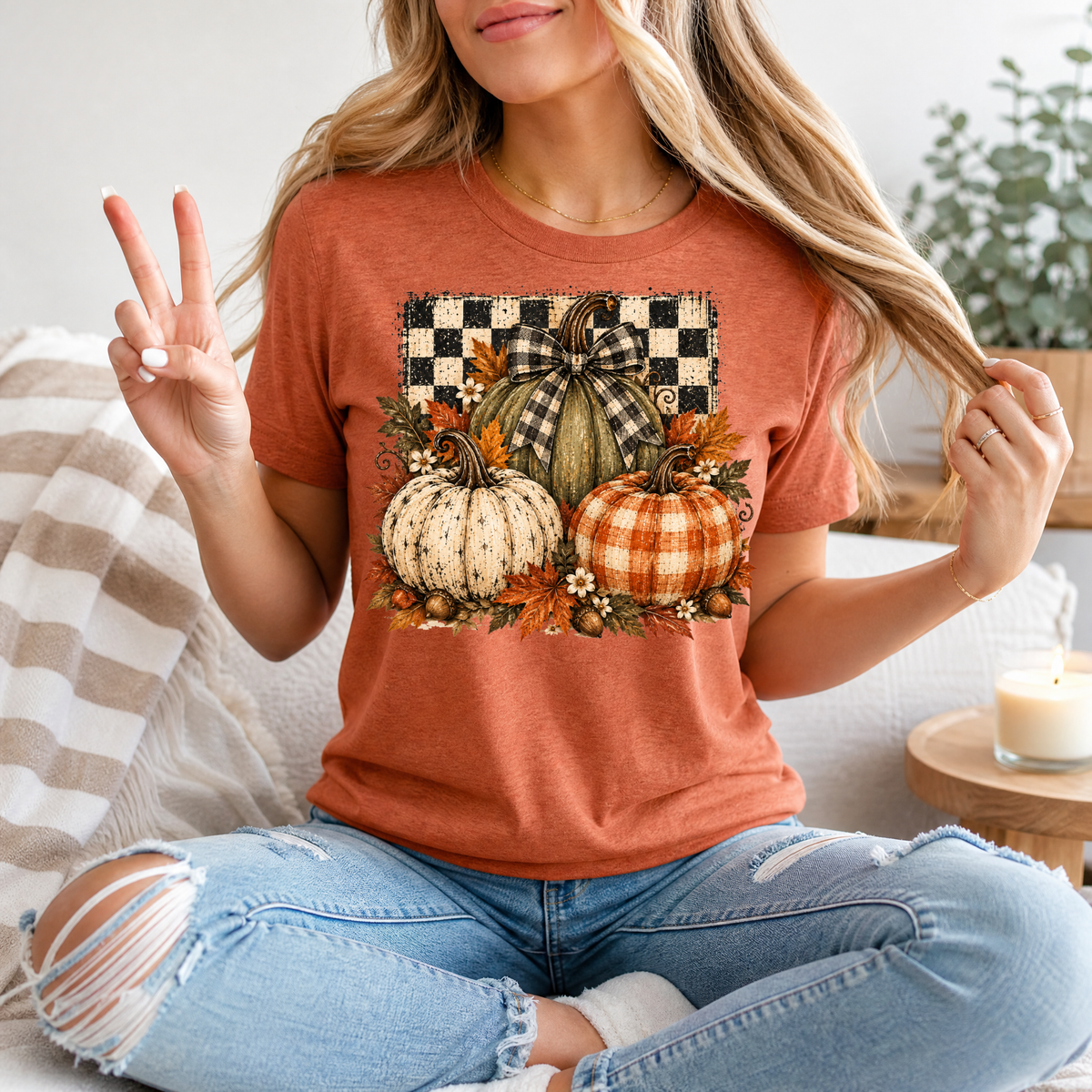 Rustic Fall Pumpkin Trio & Gingham Bow Graphic Tee