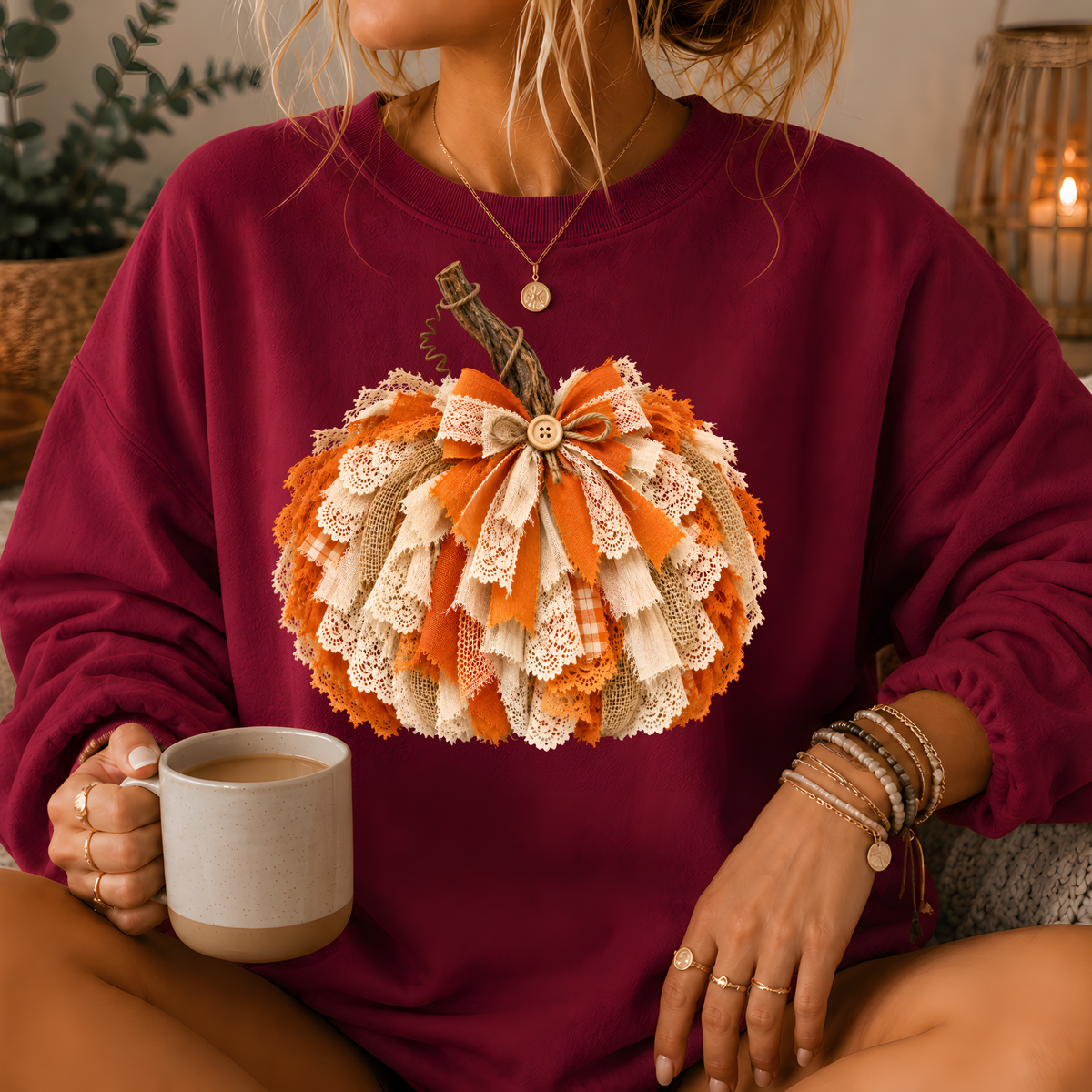 Rustic Lace & Burlap Pumpkin Graphic Crewneck Sweatshirt