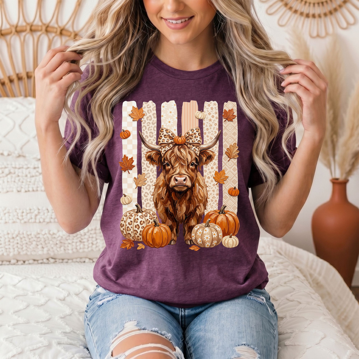 Fall Highland Cow Leopard Bow & Pumpkin Graphic Tee