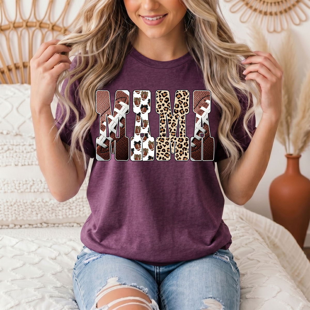 Mama Football & Leopard Mixed Print Graphic Tee