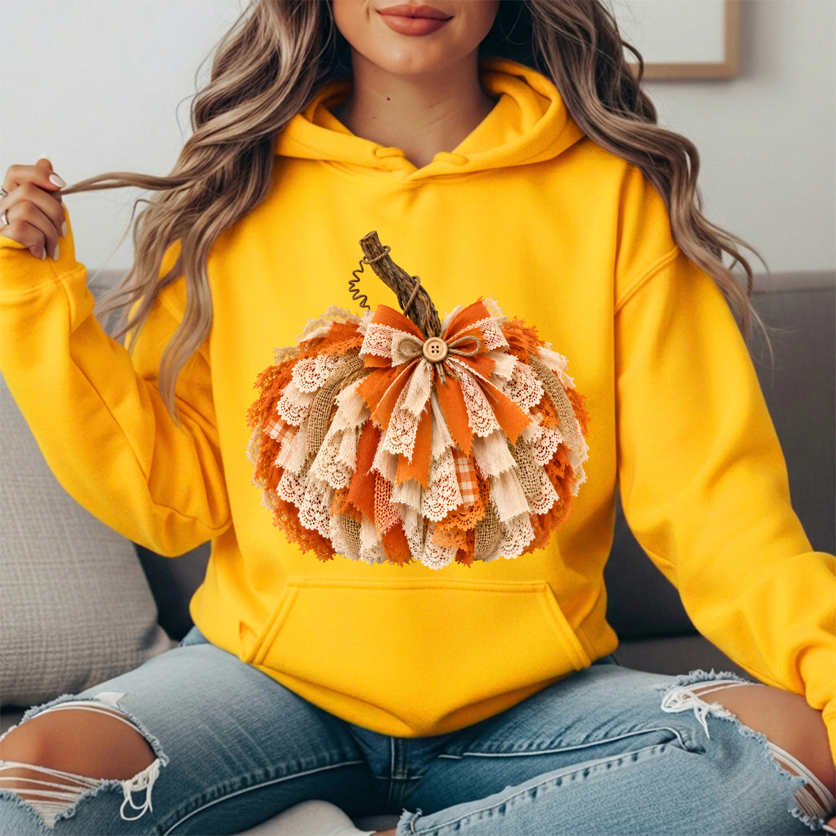 Rustic Lace & Burlap Pumpkin Graphic Hoodie
