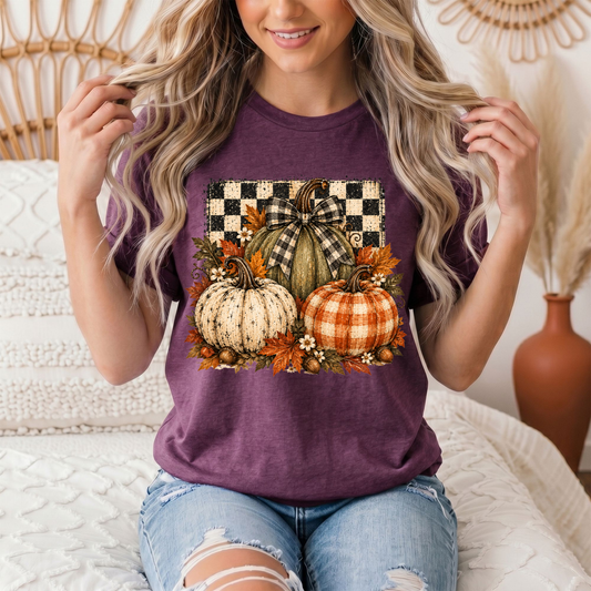 Rustic Fall Pumpkin Trio & Gingham Bow Graphic Tee