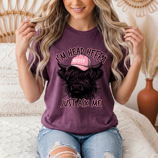 I'm Head Heffa Highland Cow Pink Bossy Cap Graphic Tee