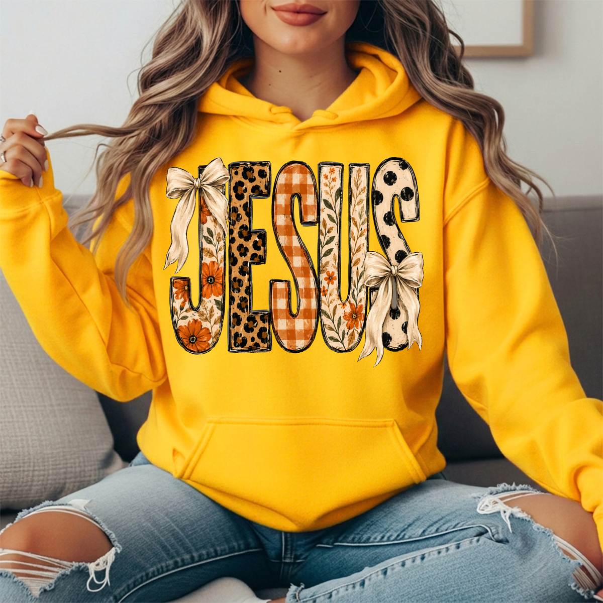 Jesus Patchwork Floral & Bow Graphic Hoodie