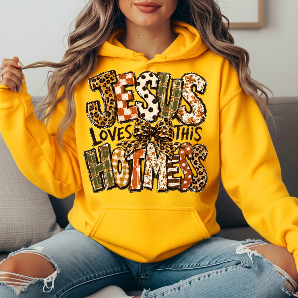 Jesus Loves This Hot Mess Leopard Bow Graphic Hoodie