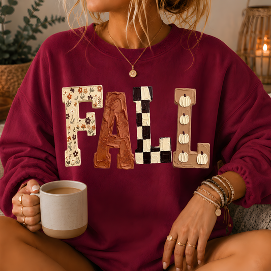 Fall Patchwork Print Crewneck Sweatshirt