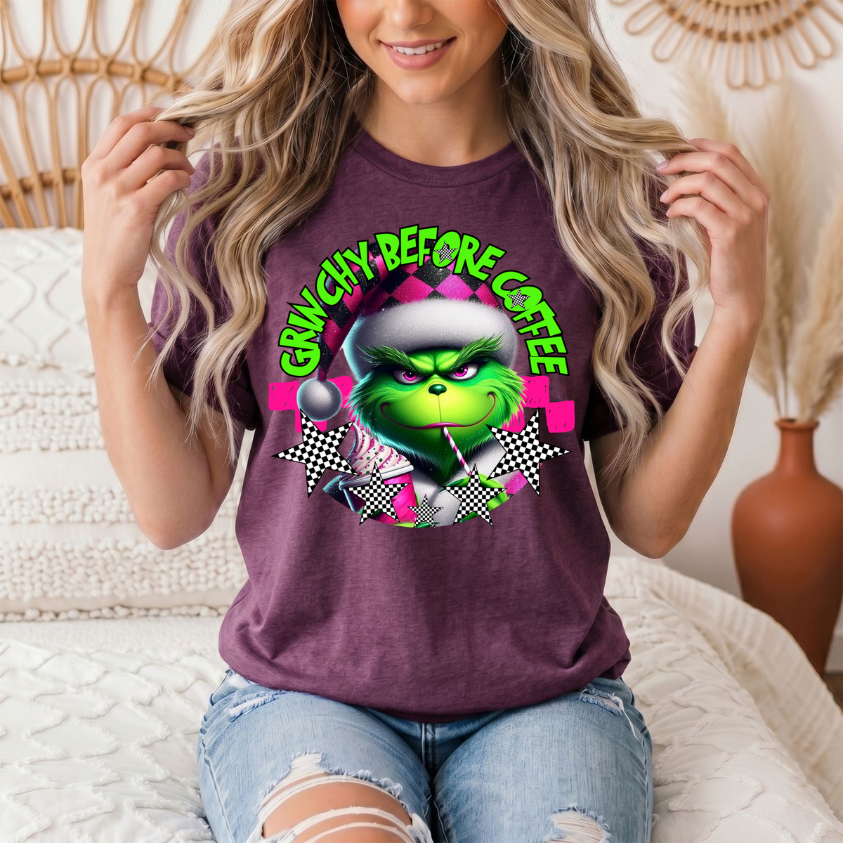 Grinchy Before Coffee Pink Checkerboard Christmas Graphic Tee