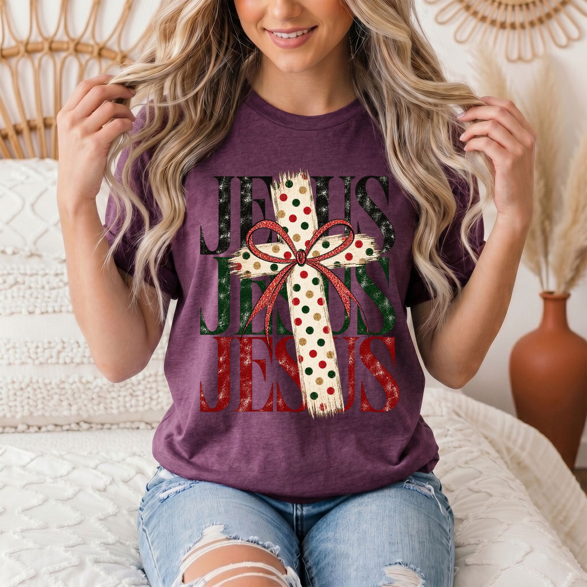 Jesus Christmas Cross & Bow Graphic Tee