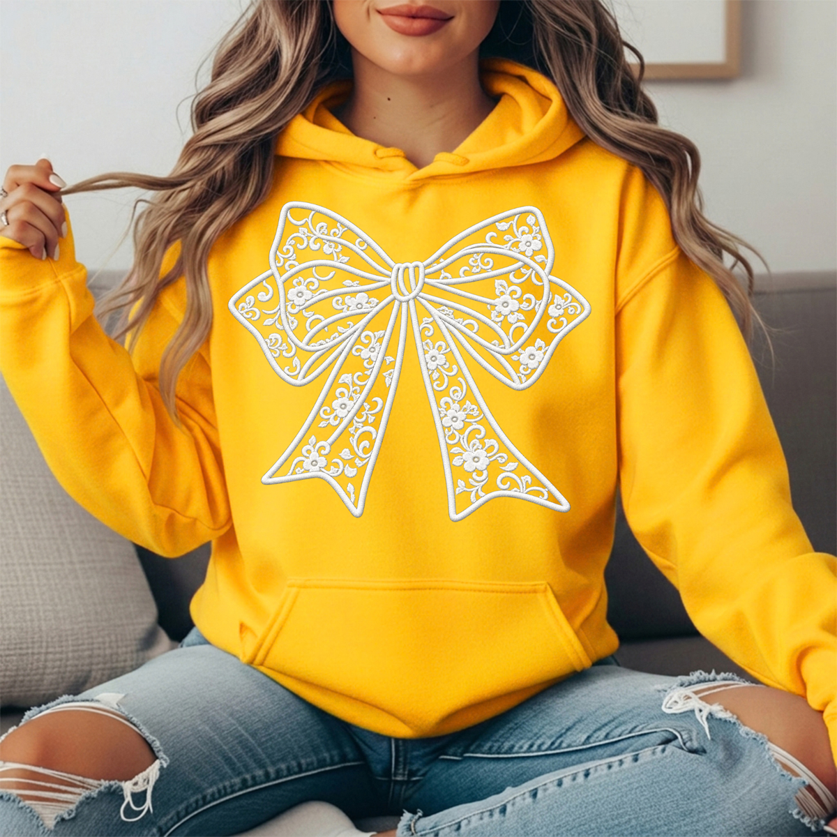 Floral Lace Bow Graphic Hoodie