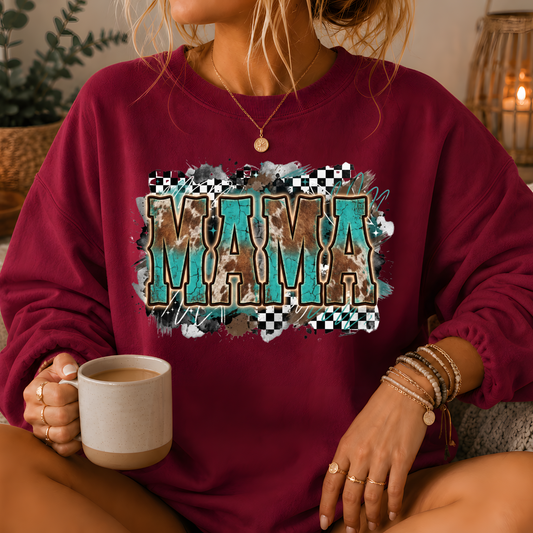 Mama Turquoise Cow Print Western Crewneck Sweatshirt
