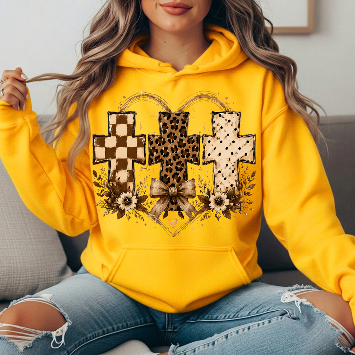Three Crosses Leopard Floral Bow Graphic Hoodie