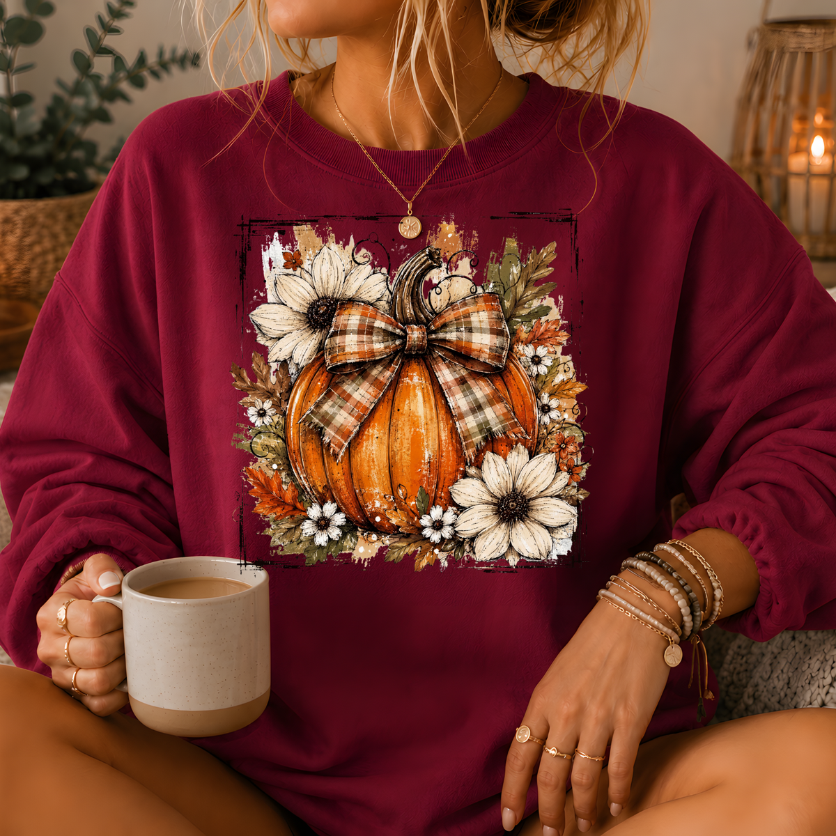Pumpkin Plaid Bow Floral Crewneck Sweatshirt